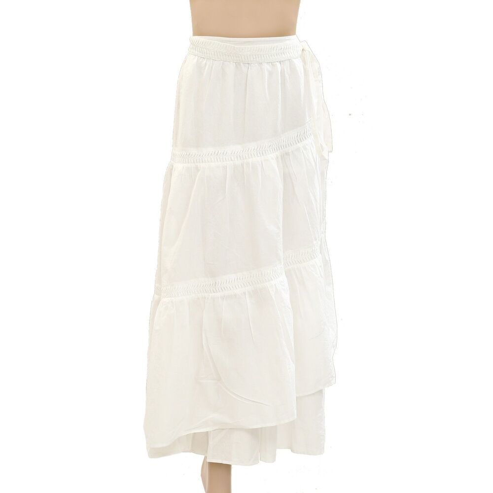 Merlette White Pleated Trim A-Line Wrap Maxi Skirt Cotton Summer S NEW 277633